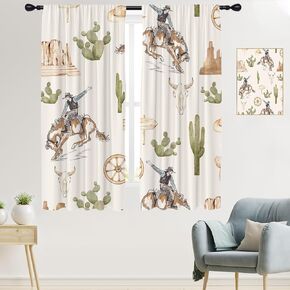 Western Cowboy Curtains Riding Horse Cactus Desert Aztec West Country Style Vintage Farmhouse 42W x 63L Inch Rod Pocket Curtain for Bedroom Kitchen Living Room Window Drapes Treatment Fabric 2 Panels