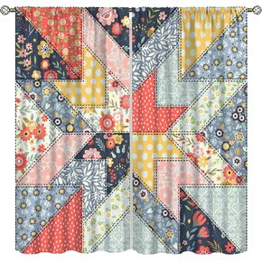 Boho Patchwork Curtains,Colorful Retro Mid-Century Floral Spring Plant Rustic Print Rod Pocket Window Treatments Drapes for Bedroom Living Room Kitchen Bath42x45in