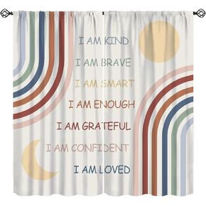 Boho Rainbow Curtain Watercolor Brave Smart Loved Rainbow Window Treatment for Kids Boys Girls Bedroom Decor School Library Decor Window Drapes 42" W X 45" L