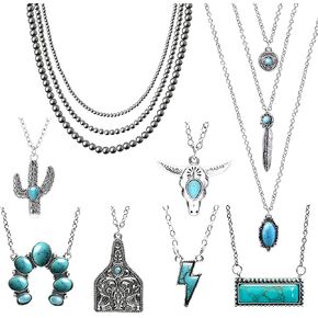 8 Pcs Western Jewelry for Women with Navajo Pearl Necklace, Turquoise Pendant Necklace in Different Themes, Country Western Jewelry Set for Cowgirls