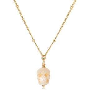 Dainty Gothic Pearl Skull Necklace - 14K Gold Plated 925 Sterling Silver Pendant with Single 7-8MM Freshwater Pearl,Skeleton Halloween Jewelry