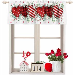 Valentines Curtain Valance for Windows Love Heart Rod Pocket Valance Window Treatments Red Buffalo Stripes Eucalyptus Leaves Short Curtains for Kitchen Windows Living Room Bedroom Decor 54x18in