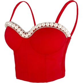 ELLACCI Women Rhinestone and Pearl Detail Smooth Bustier Crop Top Push up Corset Bra Red