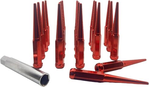 24Pcs M14x1.5 6 Inch Tall Spike Lug Nuts with 1 Socket Key Compatible with 2015-2019 Ford F150, 1999-2019 Chevrolet Silverado 1500, 1992-2019 Chevy Tahoe, 1994-2019 GMC Sierra 1500, Red in Kuwait