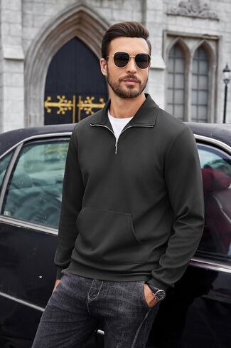 COOFANDY Mens Quarter Zip Pullover Quilted Sweatshirt Long Sleeve Mock Neck Sweater Polo Half Zip Pullover with Pocket in Saudi Arabia