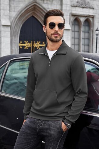 COOFANDY Mens Quarter Zip Pullover Quilted Sweatshirt Long Sleeve Mock Neck Sweater Polo Half Zip Pullover with Pocket in Saudi Arabia