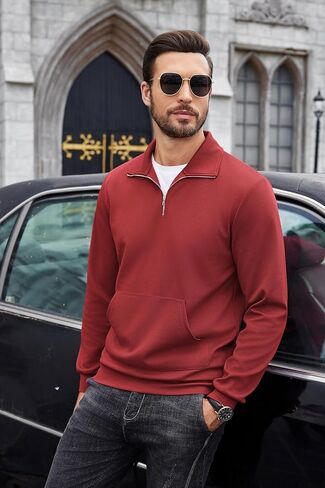COOFANDY Mens Quarter Zip Pullover Quilted Sweatshirt Long Sleeve Mock Neck Sweater Polo Half Zip Pullover with Pocket in Kuwait