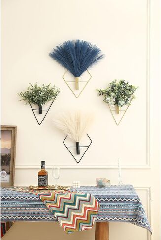 Pretty Jolly Boho Wall Decor, Triangular Wall-Mounted Metal Wall Decor, Hanging Artificial Pampas Display, Wall Art Dining room, Living Room, Bedroom, Bathroom, Plant Wall Decor 2 Pack Black in Saudi Arabia