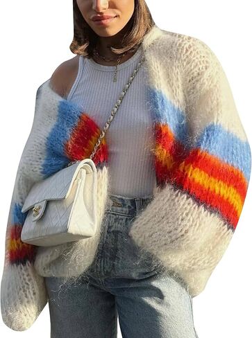 Flygo Fall Cardigans for Women 2024 Color Block Striped Cardigan Sweater Lightweight Open Front Cardigan Sweaters Tops in Saudi Arabia