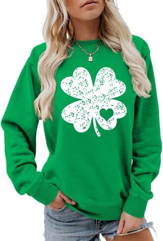 St Patricks Day Sweatshirt, Crewneck Shamrock Sweatshirt Long Sleeve Irish Lucky Four Clover Sweatshirt For Women in Saudi Arabia