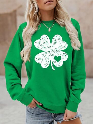 St Patricks Day Sweatshirt, Crewneck Shamrock Sweatshirt Long Sleeve Irish Lucky Four Clover Sweatshirt For Women in Saudi Arabia