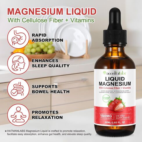 Magnesium Glycinate Liquid,Liquid Magnesium 1000Mg, Magnesium Drops,Liquid Magnesium Supplement,with Cellulose Fiber, Vitamin B6, C, D, Zinc, Digestive Health,Promotes Relaxation,No Sugar,2 Fl Oz in Saudi Arabia