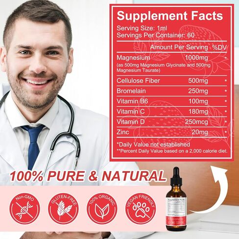 Magnesium Glycinate Liquid,Liquid Magnesium 1000Mg, Magnesium Drops,Liquid Magnesium Supplement,with Cellulose Fiber, Vitamin B6, C, D, Zinc, Digestive Health,Promotes Relaxation,No Sugar,2 Fl Oz in Saudi Arabia