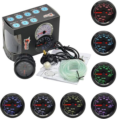 2-1/16 بوصة 52 مم مجموعة قياس التربو/الفراغ 30 رطل لكل بوصة مربعة مؤشر 7 ألوان وشاشة LED مناسبة لشاحنة السيارة بقرص أسود - عدسة شفافة in Kuwait