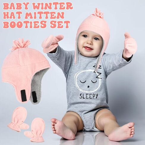 Geyoga Toddler Baby Winter Hat Mitten Set with Baby Unisex Cozy Fleece and Faux Sherpa Booties for 12 Month to18 Month in Saudi Arabia