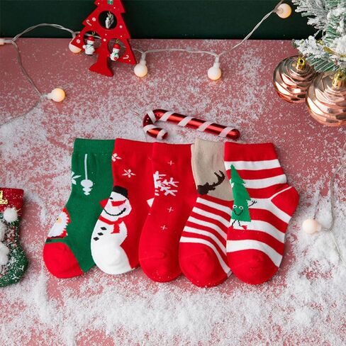 5 Pairs Christmas Socks Children Xmas Socks Crew Cotton Socks for 1-3/3-5/6-8/9-12 Children Toddlers Boys Girls in Kuwait