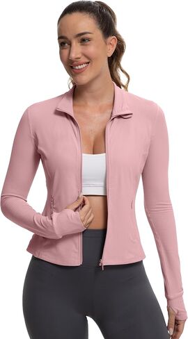 MathCat Ribbed Athletic Jacket for Women,Full Zip Workout Jacket Slim Fit Yoga Running Jacket with Pokets in Saudi Arabia