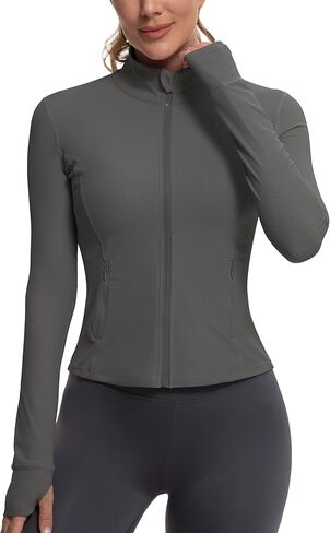 MathCat Ribbed Athletic Jacket for Women,Full Zip Workout Jacket Slim Fit Yoga Running Jacket with Pokets in Kuwait
