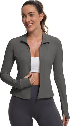 MathCat Ribbed Athletic Jacket for Women,Full Zip Workout Jacket Slim Fit Yoga Running Jacket with Pokets in Kuwait