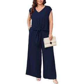 SCOMCHIC Women's Plus Size Summer 2 Piece Outfits Cap Sleeve V Neck Belted Crop Tops Wide Leg Pant Sets Casual Tracksuit