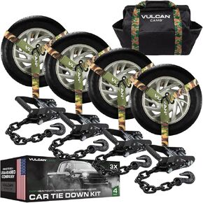 VULCAN Professional Grade Car, ATV, UTV, Off Road Tie Down with Chain Anchors - Lasso Style - 2 Inch x 96 Inch - 4 Pack – Camouflage Webbing - 3,300 Pound Safe Working Load