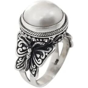 Vintage Pearl Handmade Women's Ring Sterling Silver Ring And Freshwater Pearl Cocktail Ring Butterfly Embellishment Victorian Style Ring