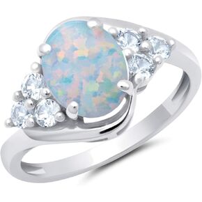 MAX + STONE Created Opal Oval Sunburst Halo Ring for Women in 10k White Gold with Created White Sapphire and October Birthstone Anniversary Ring Size 5