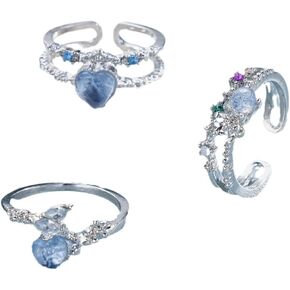 Stackable Rings for Women Trendy Dainty Silver Plated Cubic Zirconia 3 Rings Set Statement Blue Heart-Shaped Love Friendship Promise Engagement Rings Size Adjustable