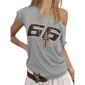 Milumia Women's Summer Off One Shoulder Tops Graphic Printed Casual Loose Short Sleeve T Shirts