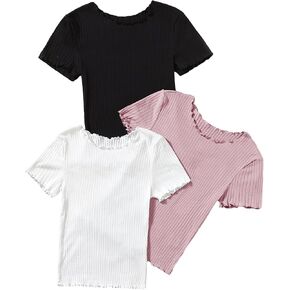 Floerns Women's 3 Pcs Lettuce Trim Short Sleeve Rib Knit Tee Shirt Top
