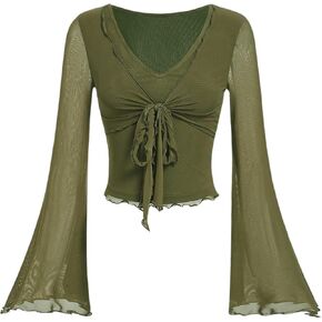 GORGLITTER Women's Tie Front Long Bell Sleeve Tops Ruched V Neck Sheer Mesh Tops