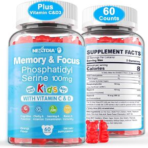 Sugar Free Phosphatidylserine Supplement 100mg, Kids Brain Gummies w/ Vitamin D3 400IU, Vitamin C for Focus & Memory, Concentration, Attention, Bone & Immunity, Tasty Chewable Orange Flavor, 120 Cts