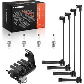A-Premium 1 Ignition Coil with 4 Spark Plug Wires and 4 Iridium Spark Plugs Compatible with Kia Rio 2001 2002 2003 2004 2005