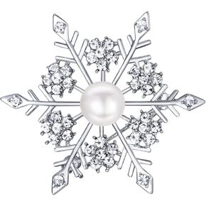 EVER FAITH Women's Prong CZ Simulated Pearl Winter Party Snowflake Flower Brooch Clear Silver-Tone