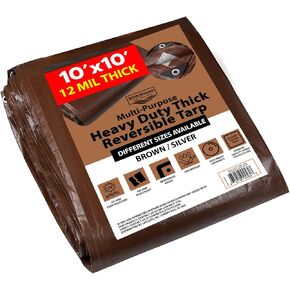 [20'X30'] RSW Heavy Duty Waterproof 12 Mil Safety Reversible Tarp Cover, UV Resistant, Rip and Tear Proof Tarpaulin with Reinforced Edges - for Roof, Camping, Patio, Pool Cover, Boat (Brown/Silver)