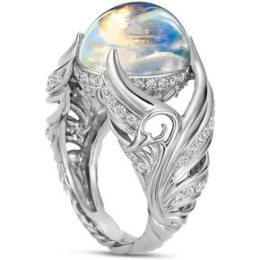 HAIXIAN Feather Leaf Moonstone Ring,S925 Sterling Silver Statement Angel wings Ring,Cocktail Party Ring Jewelry for Women