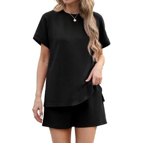 IWOLLENCE Womens 2 Piece Sets Summer Lounge Set Casual Short Sleeve Round Neck Tops and Elastic Waist Short Outfits Tracksuit