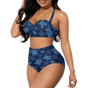 Two Pieces Women Swimsuit High Waist Bikini Set Halter Top Ruffle Tummy Control Bathing Suit Vintage Swimsuit