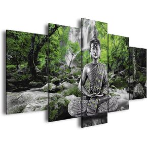AWLXPHY Decor Buddha Wall Art Canvas Painting Framed 5 Panels for Living Room Decoration Modern Landscape Buddha Waterfall Trees Zen Stretched Artwork Giclee (Green, 40"x20")