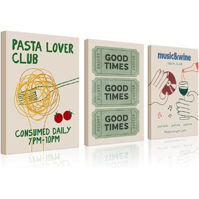 Vintage Trendy Green Canvas Wall Art Set of 3 - Good Times Ticket Posters Prints Funny Pasta Lover Club Decor Picture Trendy Music Wine Painting Home Decor for Living Room Dining Room 12×16 In Framed