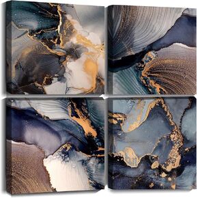 Oilpa Art Abstract Canvas Wall Art Navy Blue and Gold Living Room Decor Modern Abstract Canvas Painting Picture Framed Artwork Bedroom Bathroom Kitchen Decor 4 Pieces Set (Blue, 12"x12"x4pcs)