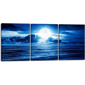 Pyradecor Modern 3 Panels Blue Clouds Landscape Canvas Wall Art Moon Sea Beach Pictures Paintings Artwork for Living Room Bedroom Home Decorations