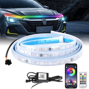 شريط إضاءة لغطاء السيارة بلون الأحلام 70 بوصة مع تطبيق لاسلكي وجهاز تحكم عن بعد 12 فولت، بدء المسح الديناميكي المرن، غطاء LED مرن، شريط DRL مقاوم للماء للسيارات والشاحنات وسيارات الدفع الرباعي (لون الحلم) in Kuwait