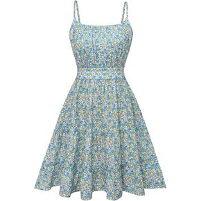 Women's Spaghetti Strap Floral Print Ruched Ruffle Hem A Line Mini Dresses