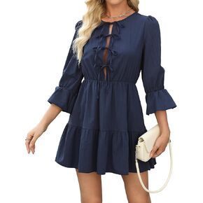 Womens Dresses Long Sleeve Self Tie Front Pleated Tunic Dress Loose Flowy Swing Shift Dress