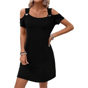 Womens Summer Dress Cold Shoulder Scoop Neck Short Sleeve Spaghetti Strap with O Ring Loose Fit Sundress with Pockets