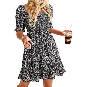 Dokotoo Womens Casual Summer Dresses Short Sleeve Square Neck Smocked Boho Floral Sundress Flowy A-Line Mini Dress in Kuwait