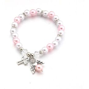 Pearl Cross Bracelet for Women Dainty Charm Hollow Cross Angel Pendant Bracelet Hanmade Elastic force Adjustable Christian Bracelet Religious Beaded Bracelets Catholic First 1st Communion Easter Gifts