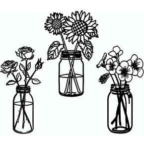 oiikain 3-Piece Black Metal Flower Wall Decor Set - Minimalist Sunflowers, Roses, and Violets Art Sculptures with Leaf Accents for Living Room and Kitchen (Small - 10.2in)