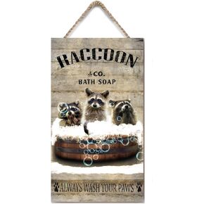 Wooden Hanging Sign Raccoon Bath Soap Vintage Wall Art Raccoon Lovers Gift Rustic Wood Sign for Home Office Cafes Bars Funny Bathroom Decor Shabby Signs 6x12 Inches